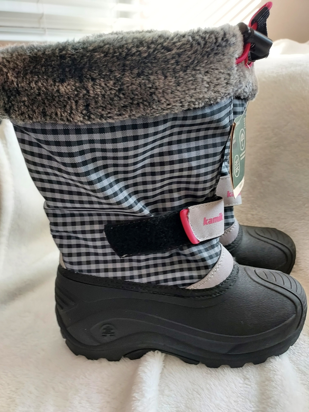 Kamik Mini 2T Rosie Kids Gingham Faux Fur-Trim Waterproof Snow Boots Sz 1 - Picture 2 of 12